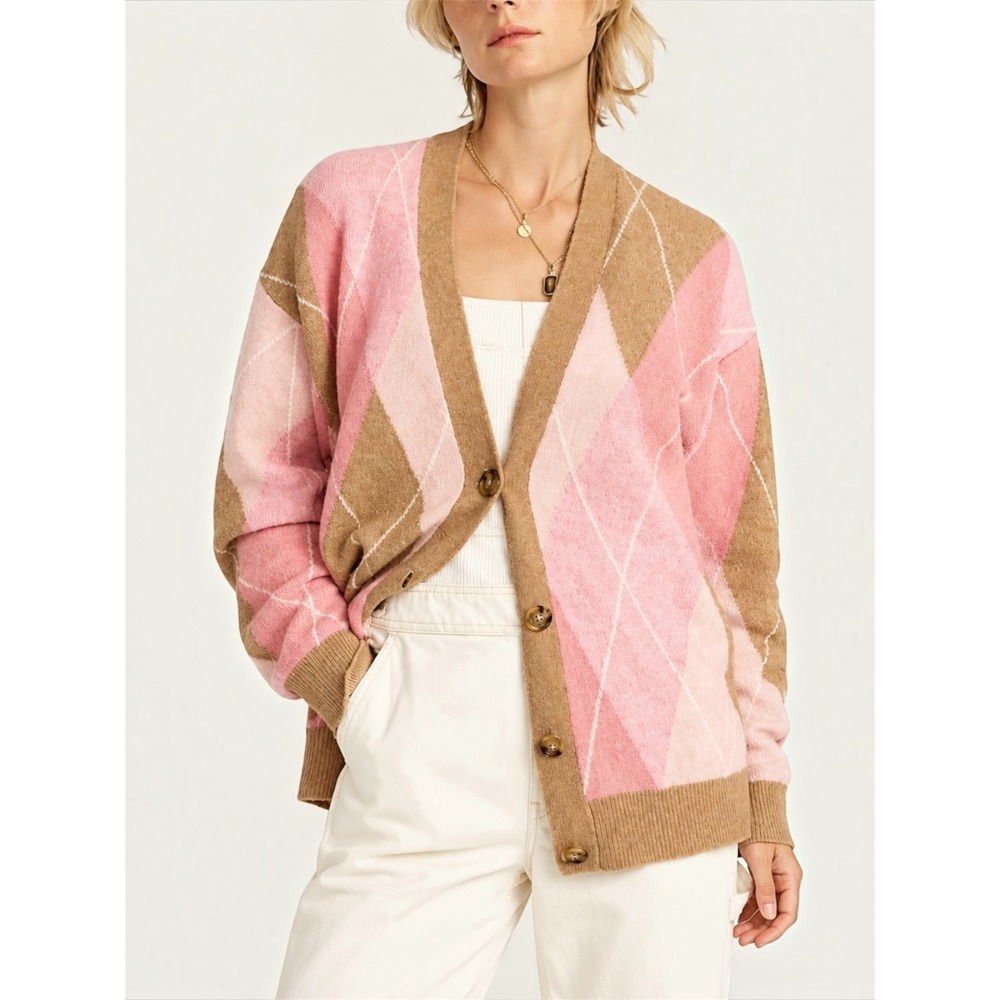 J. CREW Argyle Wool Alpaca Cardigan Sweater in Super Soft Yarn BD041